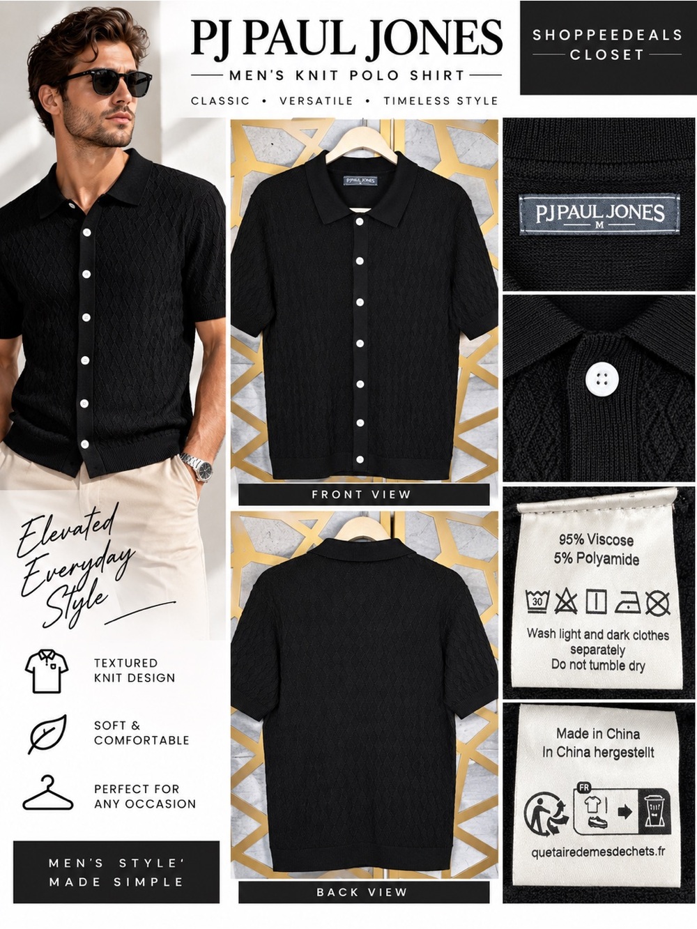 PJ Paul Jones Men’s Vintage Argyle Knit Polo Cardigan Shirt Black Size M
